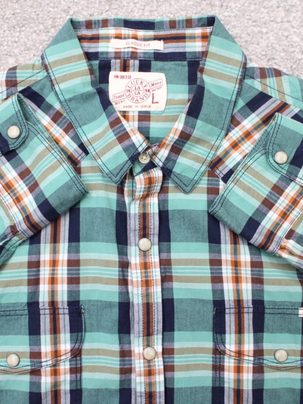 Lucky Brand Shirt Men Large Green/Blue/Orange Classic Fit Pearl Snap Long Sleeve